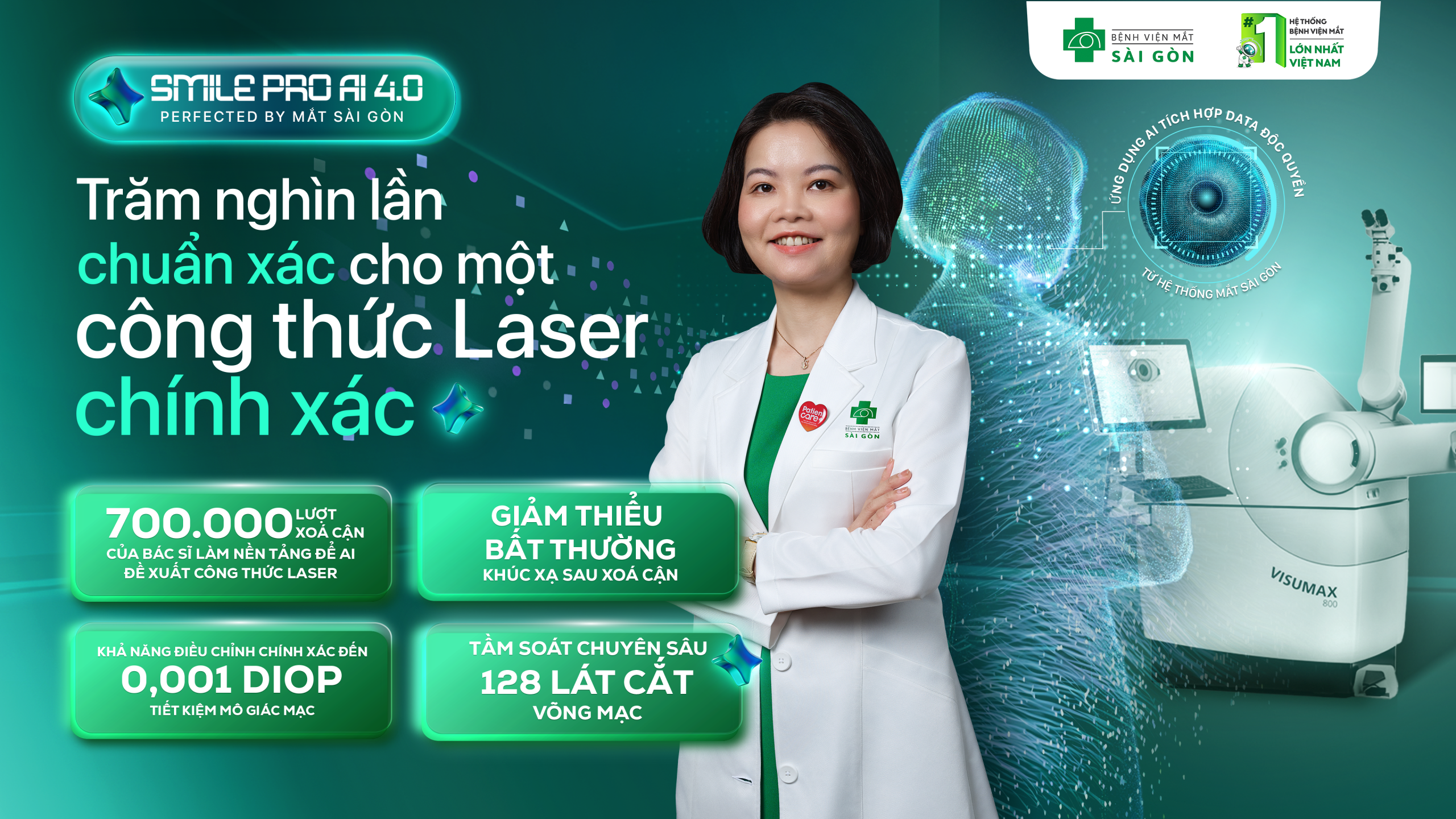 SMILE PRO AI 4.0 là công nghệ phẫu thuật khúc xạ rút lõi mô, được trang bị thuật toán AI phân tích dữ liệu từ 700.000 lượt xóa cận thành công của Mắt Sài Gòn để đề xuất công thức laser khử độ khúc xạ chuẩn xác hơn.