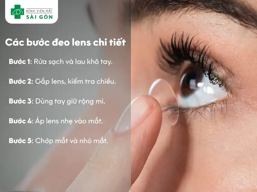 Khi đeo lens hạn chế dùng tay để tránh làm rách lens và nên đeo đúng chiều thuận.