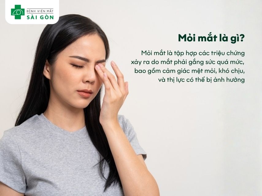 Mỏi mắt là tình trạng phổ biến khi mắt phải điều tiết quá nhiều, thường do nhìn màn hình điện tử lâu, đọc sách, hoặc lái xe. 
